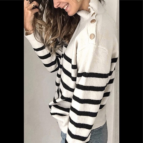 Long Sleeve Knitted Turtleneck Button Kneck decor Light Grey Striped Sweater - Picture 7 of 8